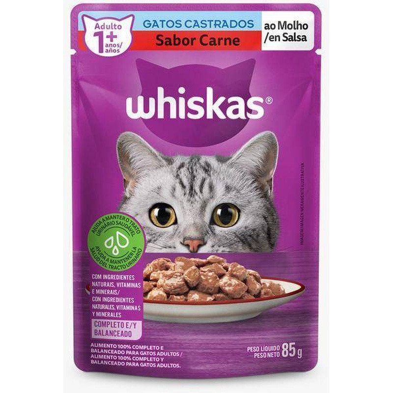 Whiskas Sache Castrados Carne 85gr Caixa Com 40x85gr